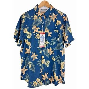 Seapointe Mens Island Classics Hawaiian Button Up Short Sleeve Shirt Navy Sz M